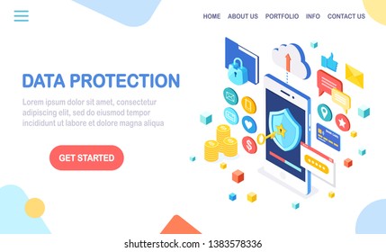 Data protection. Internet security, privacy access with password. 3d isometric mobile phone with key, shield, lock, folder, cloud, documents, credit card, money, message. Vector design for banner