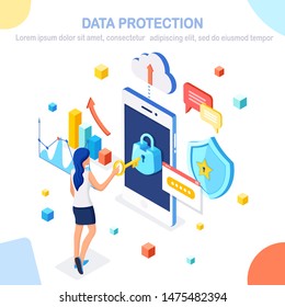 Data protection. Internet security, privacy access with password. 3d isometric people, woman, mobile phone with key, lock, shield, cloud, speech bubble, smartphone, money, chart, graph. Vector design