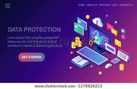 Data protection. Internet security, privacy access with password. 3d isometric computer pc with key, open lock, folder, cloud, documents, laptop, money. Vector design for banner