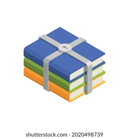 Icono de concepto isométrico de protección de datos con pila de libros bajo la ilustración de bloqueo 3d vectorial