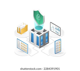 Data protection isometric concept. Server room with shield and data security icons. Vector illustration