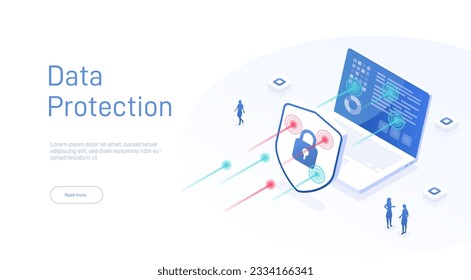 Der Datenschutz ist isometrisch. Konzept der Cybersicherheit Netzwerkdatensicherheit. Sicherheit, vertraulicher Datenschutz, Konzept mit Zeichenspeichercode. Internetsicherheit isometrisch. 3D-Vektorgrafik.