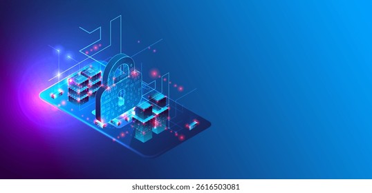 Data protection. Isometric image of a smartphone with a picture of a lock and various technological elements.