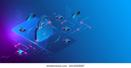 Data protection. Isometric image of a smartphone with a picture of a lock and various technological elements.