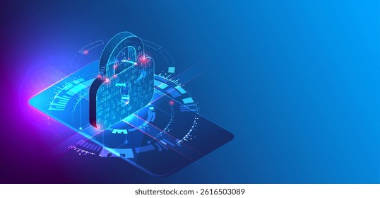 Data protection. Isometric image of a smartphone with a picture of a lock and various technological elements.