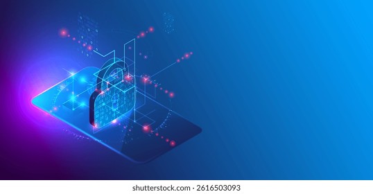Data protection. Isometric image of a smartphone with a picture of a lock and various technological elements.