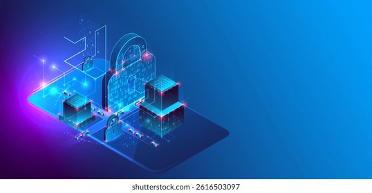 Data protection. Isometric image of a smartphone with a picture of a lock and various technological elements.