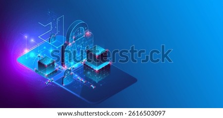 Data protection. Isometric image of a smartphone with a picture of a lock and various technological elements.