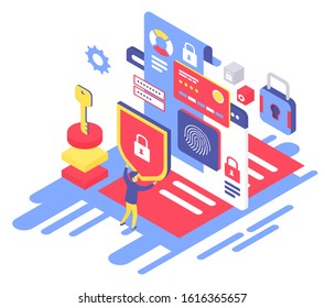Data protection isometric vector illustration. Authorization, verification. Personal information security. Guarding private data. Electronic password. Cybersecurity cartoon conceptual design element