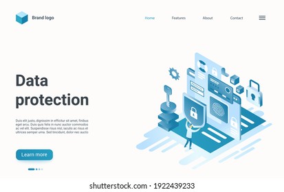 Data protection isometric vector illustration. Cartoon 3d security internet technology to protect personal data information from crime hacker attack, fingerprint signature verification landing page
