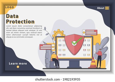 Concepto de página de inicio de protección de datos. privacidad, seguridad y seguridad en Internet. Ilustración de Vector de diseño plano