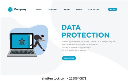 data protection landing page. Cyber thief, hacker, get out with a bag of personal information landing page. Cyber security and crime concept.