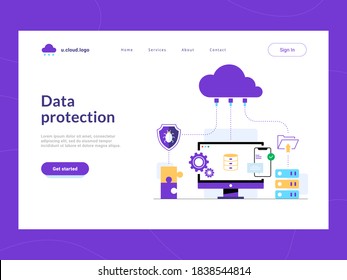 Data Protection Landing Page First Screen. Cloud Solution Defending Corporate Data Base From Leaks, Unauthorized Access. Safety From Network Vulnerabilities. Cyber Attacks Defense Of Sensitive Data