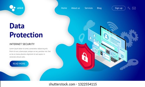Data protection landing page. Internet security Web design vector template. Isometric illustration with laptop, shield. Safety and confidential personal information concept. For web, ui, mobile app