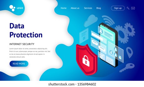 Data protection landing page. Internet security Web design vector template. Isometric illustration with smartphone, shield. Safety and confidential personal information concept for web, ui, mobile app