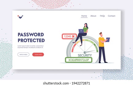 Data Protection Landing Page Template. Woman with Laptop, Man with Tablet near Huge Scale of Password Security Range with Poor, Average, Good and Excellent Safety. Cartoon People Vector Illustration