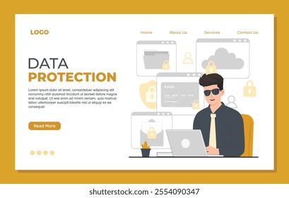 Data protection landing page template Cyber security concept Vector flat illustration 