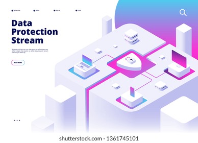 Data protection landing. Phone security password verification money transfer protect secure access safety app isometric vector concept