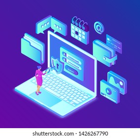 Data protection. Laptop with authorization form on screen, personal data protection. System of authentication, data access, login form on laptop screen. 3d isometric design. Vector illustration.