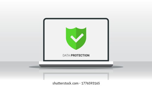Data Protection. Laptop Computer With Antivirus Software Over Gray Background. Vector Illustration