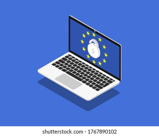 Protección de datos en laptop. GDPR, protección de la privacidad en isometría. Páginas web modernas para los sitios web