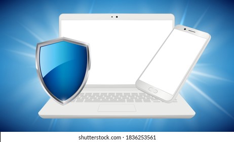 Protección de datos. Parodias de smartphone para portátiles, dispositivos blancos y blindaje. Guardar la plantilla de afiche de vectores de información personal