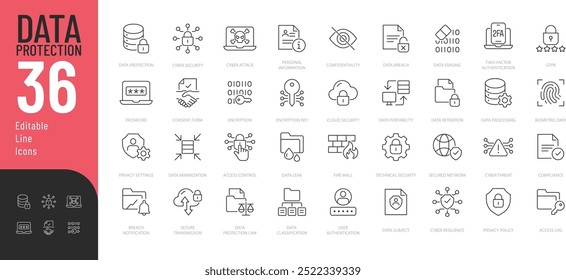 Linha Proteção de dados Conjunto de ícones editáveis. Ilustração vetorial em linha fina estilo moderno de ícones relacionados à segurança cibernética: confidencialidade, log de acesso, criptografia e muito mais. Isolado no branco