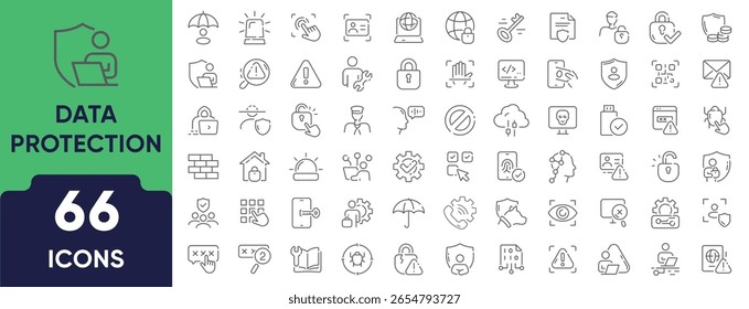 Conjunto de iconos de línea de protección de datos. Conjunto de 66 iconos de esquema que incluyen escudo, bloqueo, cifrado, archivo seguro, Contraseña, política de privacidad y control de acceso. Trazo editable. Ilustración vectorial lineal.