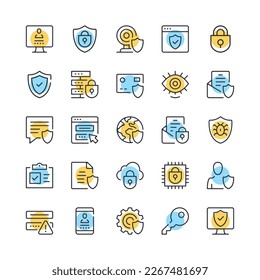 Iconos de línea de protección de datos. Conjunto de iconos de ciberseguridad. Color negro, azul y amarillo. Diseño gráfico de contorno moderno. Conjunto de iconos de línea de vector