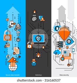 Data protection line vertical banners set with laptop mail and arrows flat isolated vector illustration 