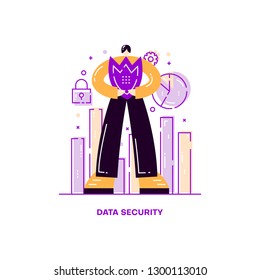 Data protection A man protects data. Website banner. Vecotr illustration