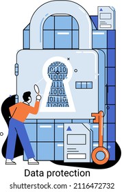 Metáfora de protección de datos, privacidad, seguridad de la información. Administración segura de datos y protección de ataques de hackers de datos. Control de acceso protegido software antivirus comunicación segura en Internet, almacenamiento seguro