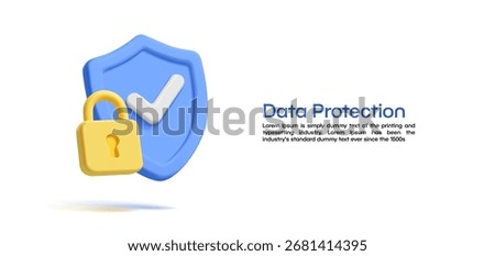 Data protection. Modern banner with 3D shield, check mark and closed lock. Web security, encryption, password, confirmation. Vector illustration.