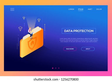 Data protection - modern isometric vector web banner on blue background with copy space for text. High quality illustration with a female employee, manager working with laptop, sitting on a folder