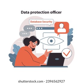 Data protection officer concept. Expert woman monitors database security, ensuring privacy with an observant eye icon. Digital safety and GDPR compliance. Flat vector illustration.