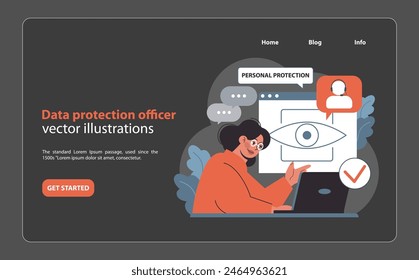 Data protection officer concept. Expert woman monitors database security, ensuring privacy with an observant eye icon. Digital safety and GDPR compliance. Flat vector illustration.