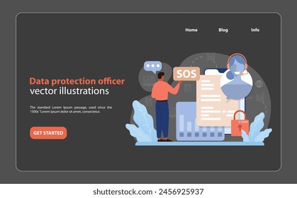 Data protection officer concept. A vigilant man signals an SOS while a dedicated representative with headphones awaits, ensuring cybersecurity amidst cityscape. Red lock denotes strict safety.