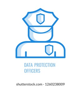 Data protection officer icon - blue outline symbol of abstract human silhouette in security uniform with shields isolated on white background. Vector illustration of gdpr concept.