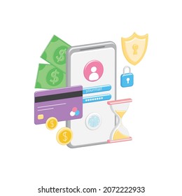 Data protection on Internet with 3D shield, padlock, login, password, fingerprint for entering personal account. Online banking. Contactless payment by credit card, volumetric coins, cash with.