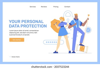 Data protection on the Internet. Colleagues man and woman with shield and hammer. Specialized engineers in technology. Landing page. Vector flat illustration.