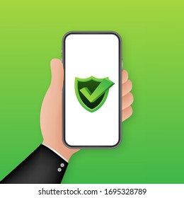 Protección de datos en smartphones, privacidad y seguridad en Internet. Ilustración de material vectorial.