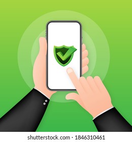 Protección de datos en smartphone, privacidad y seguridad de Internet. Ilustración de material vectorial.
