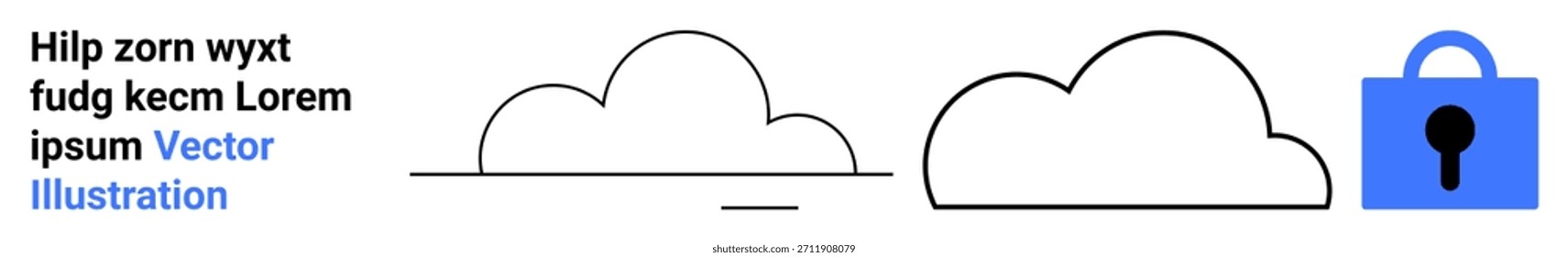 Data protection, online privacy, cybersecurity, cloud storage, IT services, secure access. Two cloud shapes and a lock icon. Data protection and cybersecurity concept