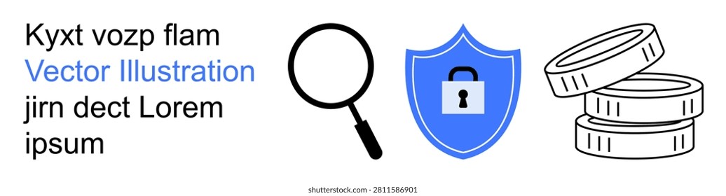 Data protection, online security, digital marketing, financial services, privacy, cybersecurity. Magnifying glass, shield with lock and coins. Data protection and online security concepts