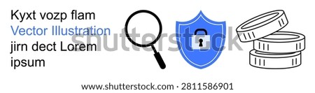 Data protection, online security, digital marketing, financial services, privacy, cybersecurity. Magnifying glass, shield with lock and coins. Data protection and online security concepts