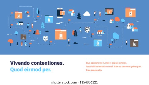 data protection padlock security privacy database concept folder password protect isometric map internet mobile computer app horizontal banner flat copy space vector illustration