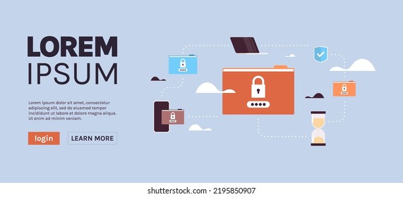 Data protection padlock security privacy database and folder password protect map internet mobile computer app concept horizontal flat vector illustration.