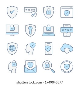Data Protection and Password related blue line colored icons. Network safety and Protection of Personal Information icon set.