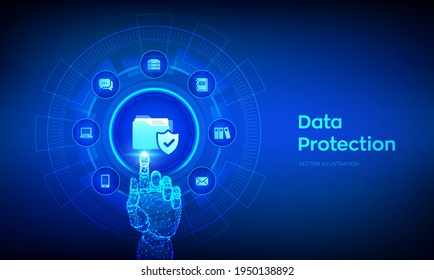 Data protection. Personal data security concept on virtual screen. Protected folder icon. Cyber security. Internet privacy and safety. Robotic hand touching digital interface. Vector illustration.