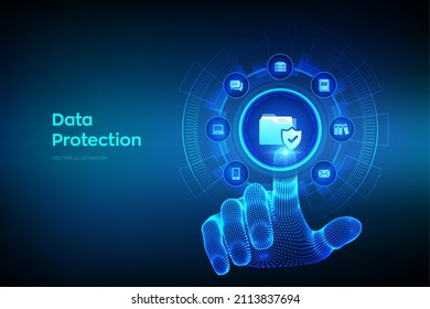 Data protection. Personal data security concept on virtual screen. Protected folder icon. Cyber security. Internet privacy and safety. Wireframe hand touching digital interface. Vector illustration.